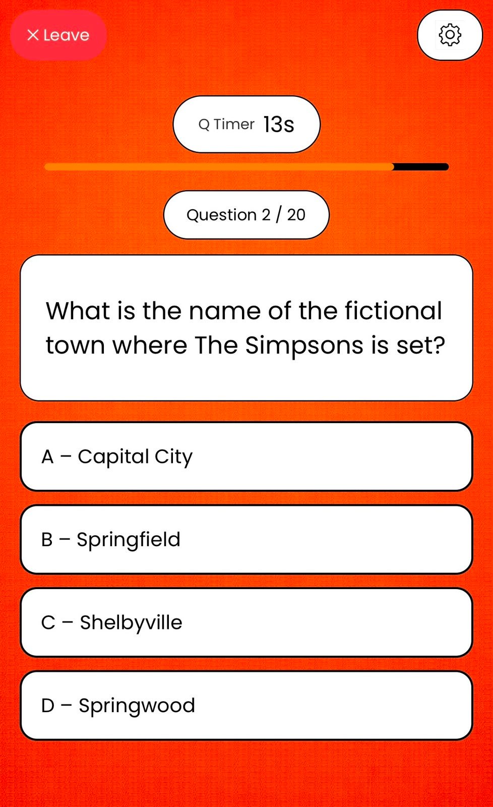 Rally Online question screen with timer and multiple-choice answers