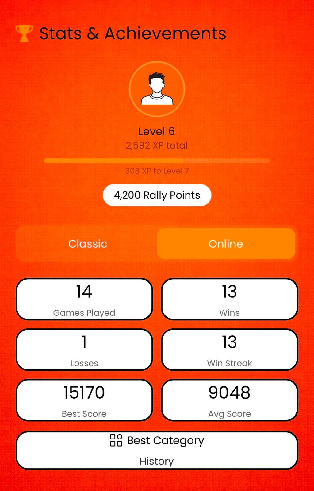 Rally stats page showing online wins, streaks, score, and achievements