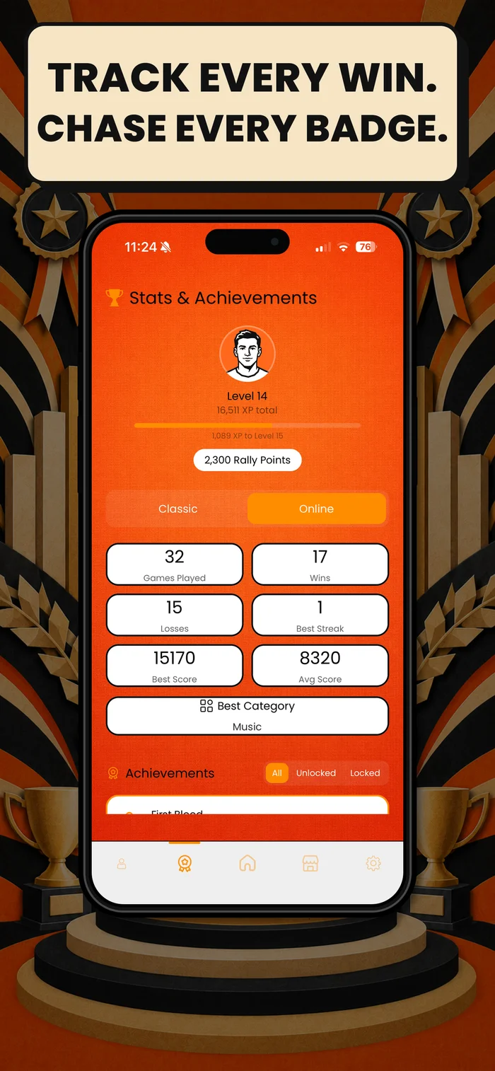 Track every win and chase every badge on the stats screen